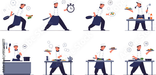 Chef cooking process set with food preparation timing and kitchen workflow vector illustration
