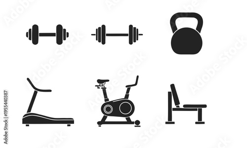 Gym and fitness equipment icon set featuring dumbbells, kettlebell, treadmill, exercise bike, and weight bench in black silhouette style for sport and workout design