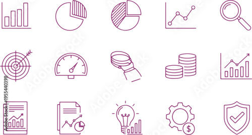 Collection of icons representing data analysis, financial tracking, and business metrics