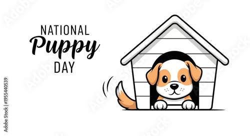 Illustration of a cute puppy peeking out of a doghouse on National Puppy Day with a playful and adorable design.