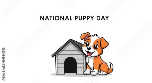 Illustration of an adorable puppy sitting beside a doghouse on National Puppy Day with a playful and cute concept.