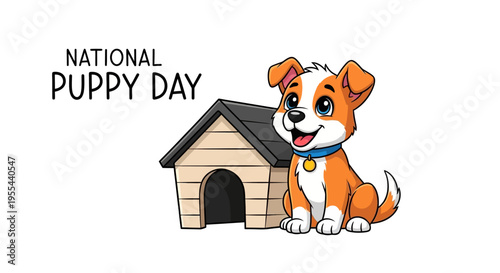 Illustration of a cute puppy sitting beside a doghouse on National Puppy Day with a playful and adorable design.