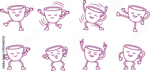 Animated teacups expressing various emotions and actions in a playful manner