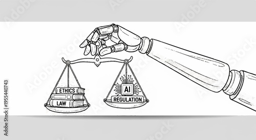 Robotic hand balancing scales with law and ai regulation on each side symbolizing technology and justice
