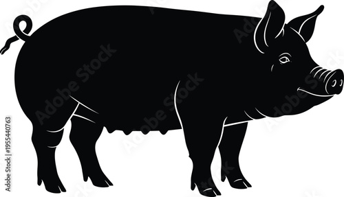 Black silhouette illustration of farm pig sow with curled tail, ears, snout, and teats for agriculture design