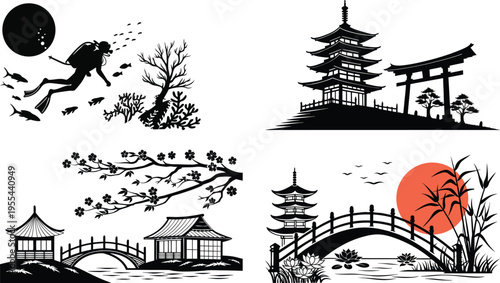 A serene collection of four traditional japanese inspired landscape illustrations featuring iconic architecture and nature