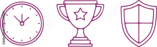 Symbols representing time management, achievement, and protection in a minimalist design