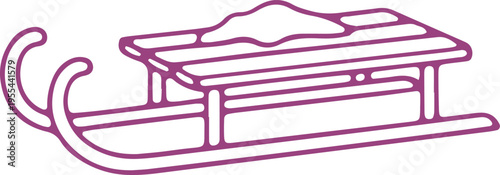 A stylized illustration of a sled with a mountain landscape in the background