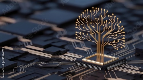Golden circuit tree growing from processor - Ideal for wealth management technology, digital assets, or organic tech growth.