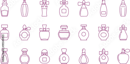 Collection of various perfume bottle designs with decorative bows and caps