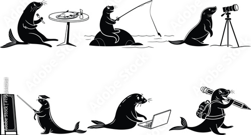 Seal engaged in various artistic and leisure activities with humor