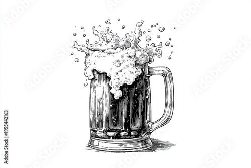 Vintage Engraving Style Beer Mugs and Glasses with Splashing Liquid, Black and White Vector Illustration