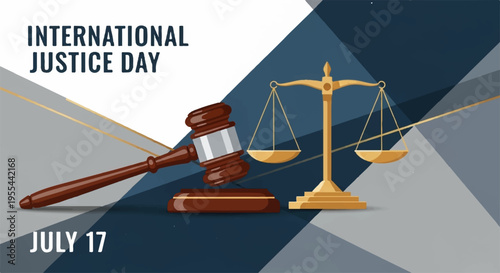 International justice day illustration with gavel and scales on geometric background