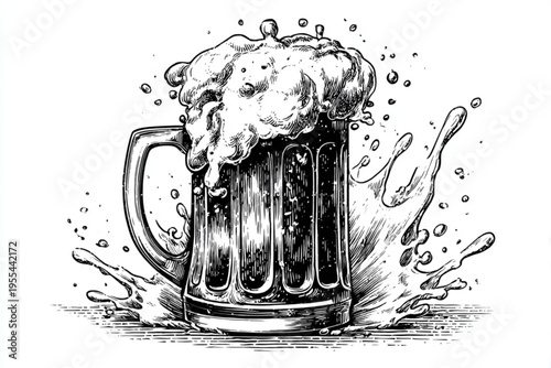 Vintage Engraving Style Beer Mugs and Glasses with Splashing Liquid, Black and White Vector Illustration