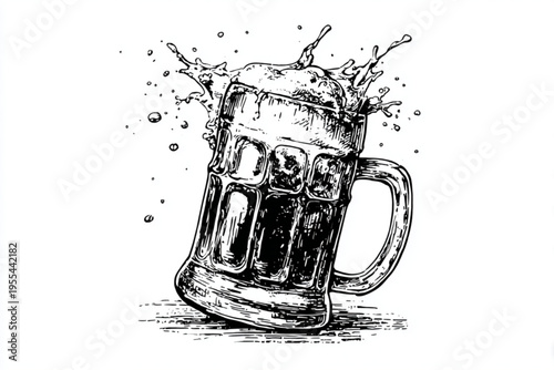Vintage Engraving Style Beer Mugs and Glasses with Splashing Liquid, Black and White Vector Illustration
