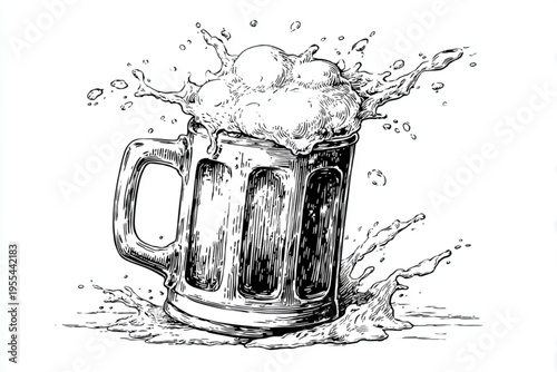 Vintage Engraving Style Beer Mugs and Glasses with Splashing Liquid, Black and White Vector Illustration