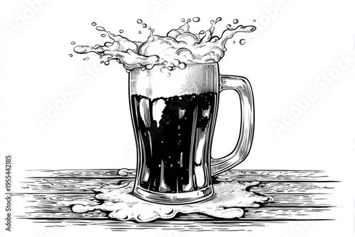 Vintage Engraving Style Beer Mugs and Glasses with Splashing Liquid, Black and White Vector Illustration