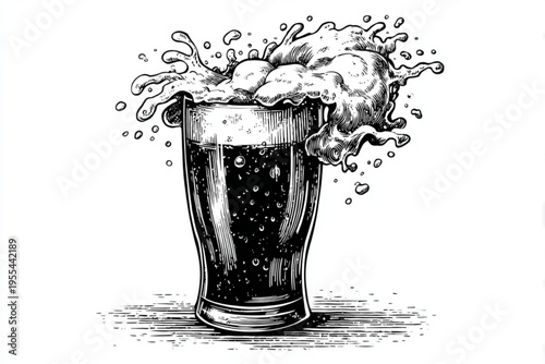 Vintage Engraving Style Beer Mugs and Glasses with Splashing Liquid, Black and White Vector Illustration