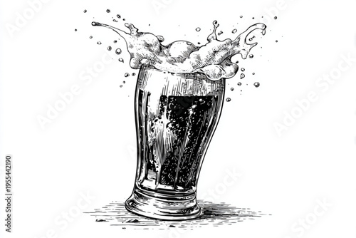 Vintage Engraving Style Beer Mugs and Glasses with Splashing Liquid, Black and White Vector Illustration