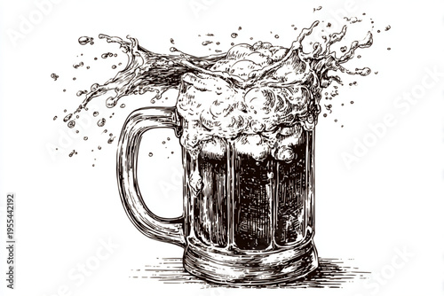 Vintage Engraving Style Beer Mugs and Glasses with Splashing Liquid, Black and White Vector Illustration