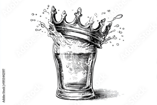 Vintage Engraving Style Beer Mugs and Glasses with Splashing Liquid, Black and White Vector Illustration