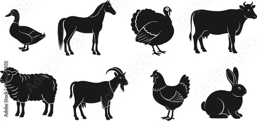 Black silhouette vector illustrations of farm animals including duck, horse, turkey, cow, sheep, goat, chicken, rabbit