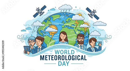 Illustration of diverse group celebrating World Meteorological Day with globe, satellites, and weather symbols in a colorful educational design.