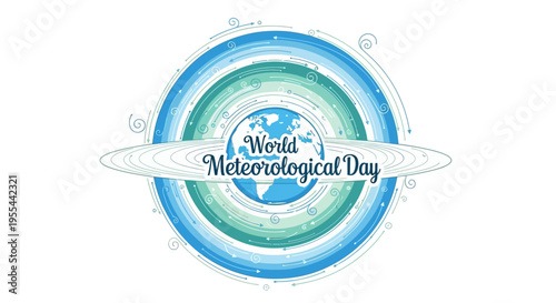 Illustration of Earth with concentric blue and green circles and the text 'World Meteorological Day' on a white background, symbolizing meteorology awareness and environmental education.