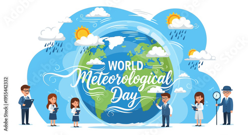 Illustration of diverse people standing around a globe with weather elements, celebrating World Meteorological Day with a blue cloudy background.