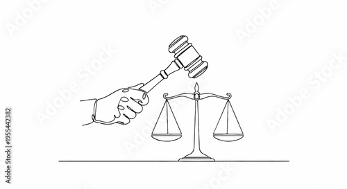 Hand holding gavel above balanced scales of justice symbolizing law and order in a simple line drawing