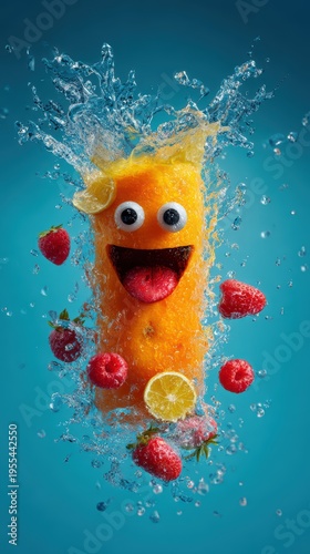 Playful Fruit Character Splashing in Fresh Juice with Berries in Bright Blue Background
