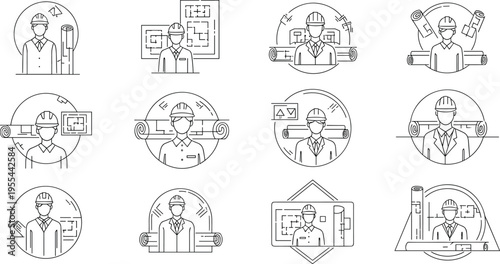 Construction engineer icons set with architecture planning and building worker line art vector illustration