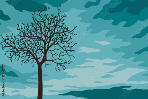 beautiful dead tree silhouette with amazing dramatic sky background flat color vector illustration template design