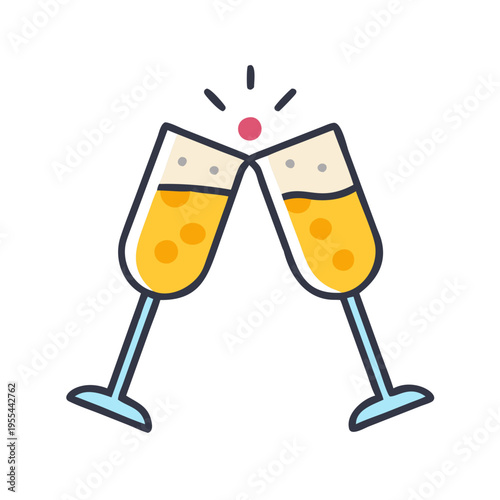 A colorful illustration of two champagne glasses clinking together in celebration on transparent background