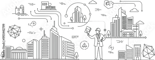 Smart city concept with engineer urban buildings and eco technology line art vector illustration
