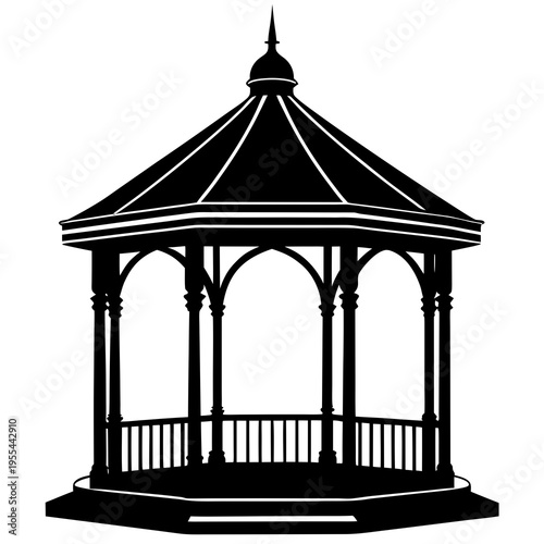 A black silhouette of a gazebo on transparent background