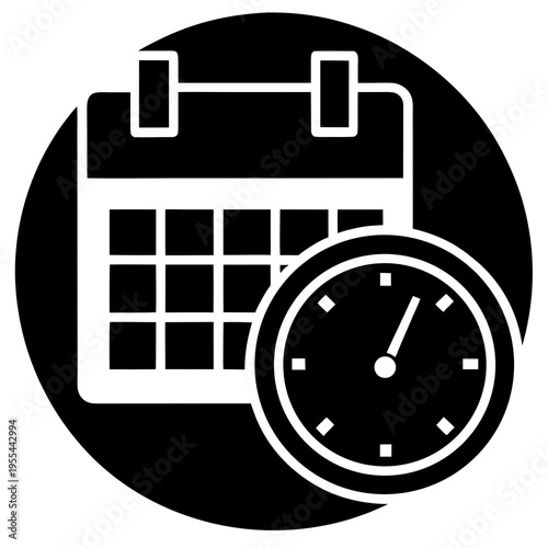 A black and white icon of a calendar and clock on a transparent background