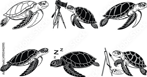 Sequence of sea turtles moving in various directions and interacting with objects