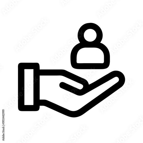 A minimalist vector graphic of a hand holding a person icon on transparent background