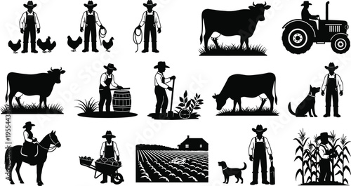 Farming life silhouettes with farmers, animals, tools, tractor, crops, and rural agriculture scenes in black vector art