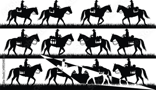 Silhouette cowboy riding horse sequence with artistic motion effect, western ranch lifestyle, vintage cinematic style illustration