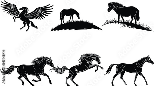 Collection of horse silhouettes in various poses and a winged horse