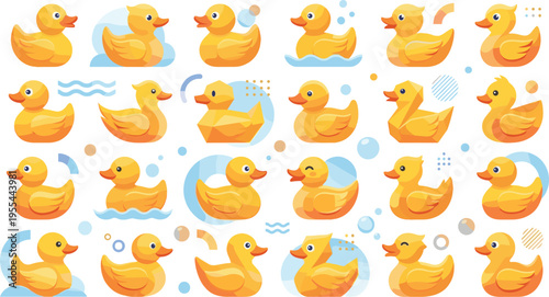 Large Collection of Yellow Rubber Duck Icons Featuring Various Flat and Geometric Designs with Water Bubbles and Waves for Bath Time and Childhood Themes