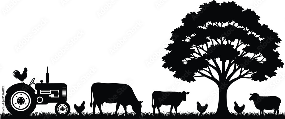 Obraz premium Silhouette farm scene with tractor, rooster, chickens, cows, sheep, and tree representing rural countryside lifestyle
