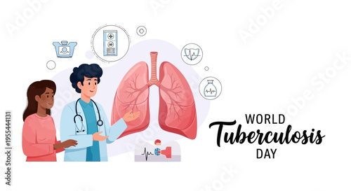 Illustration of a doctor and patient discussing tuberculosis awareness with a large lung graphic and medical icons on World Tuberculosis Day.