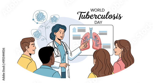 Illustration of a doctor presenting tuberculosis information to a group of people on World Tuberculosis Day with a design that includes lungs and educational materials.