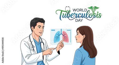 Illustration of a doctor and patient discussing a lung diagram on World Tuberculosis Day with a global TB awareness campaign theme.