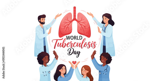 Illustration of diverse people in lab coats supporting a red and black World Tuberculosis Day logo with a lung graphic on a white background.