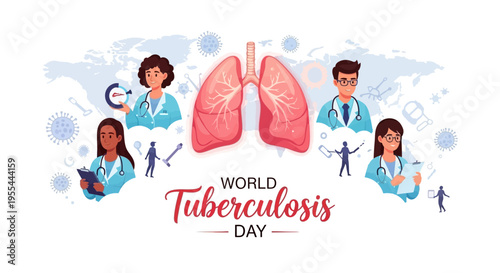 Illustration of World Tuberculosis Day with medical professionals, lungs, and germs on a white background, promoting TB awareness and prevention.