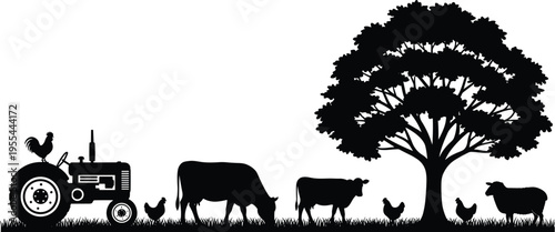 Silhouette farm scene with tractor, rooster, chickens, cows, sheep, and tree representing rural countryside lifestyle